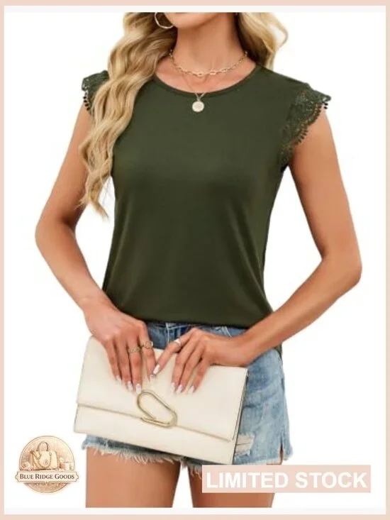 Sleeveless Lace Trim Flutter Ruffle Cap Sleeve Blouse Elegant Chic Summer Casual - Picture 5 of 7